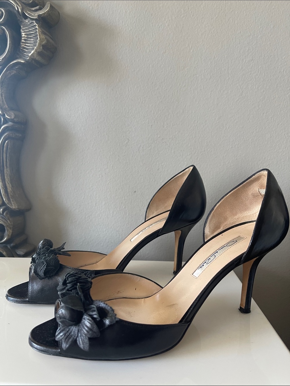 Oscar de la Renta Black D'Orsay Peep-Toe Heels with Floral Appliqué